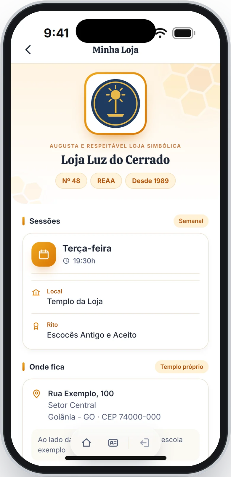 Tela Minha Loja com o emblema, o nome da Loja e as sessões