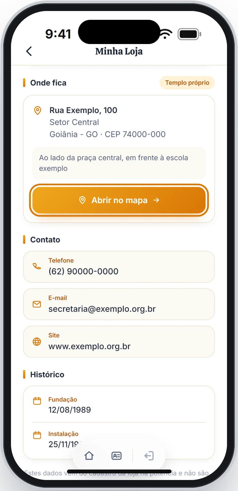 Parte Onde fica com o endereço do templo e o botão Abrir no mapa em destaque