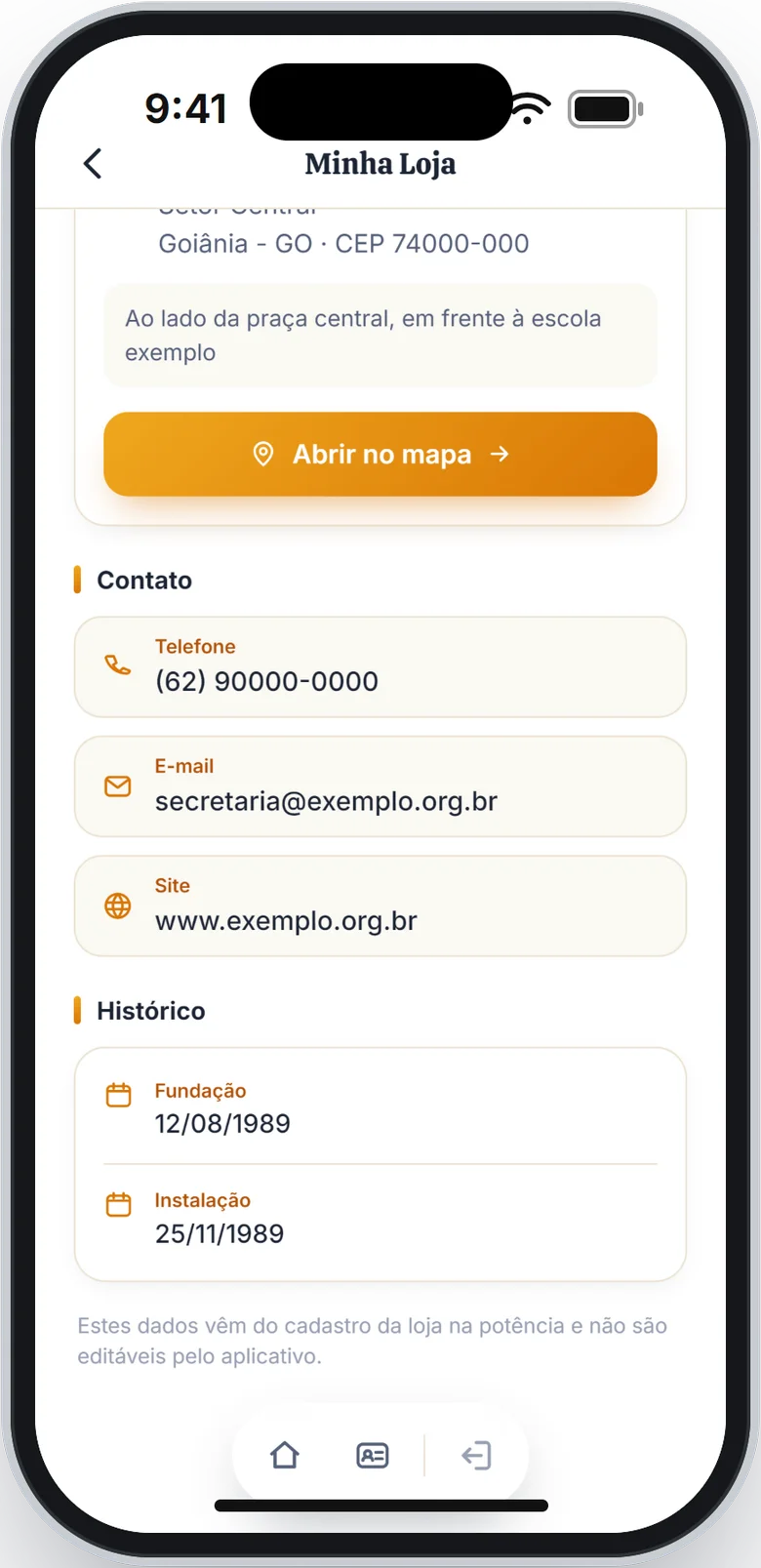 Partes Contato e Histórico da tela Minha Loja