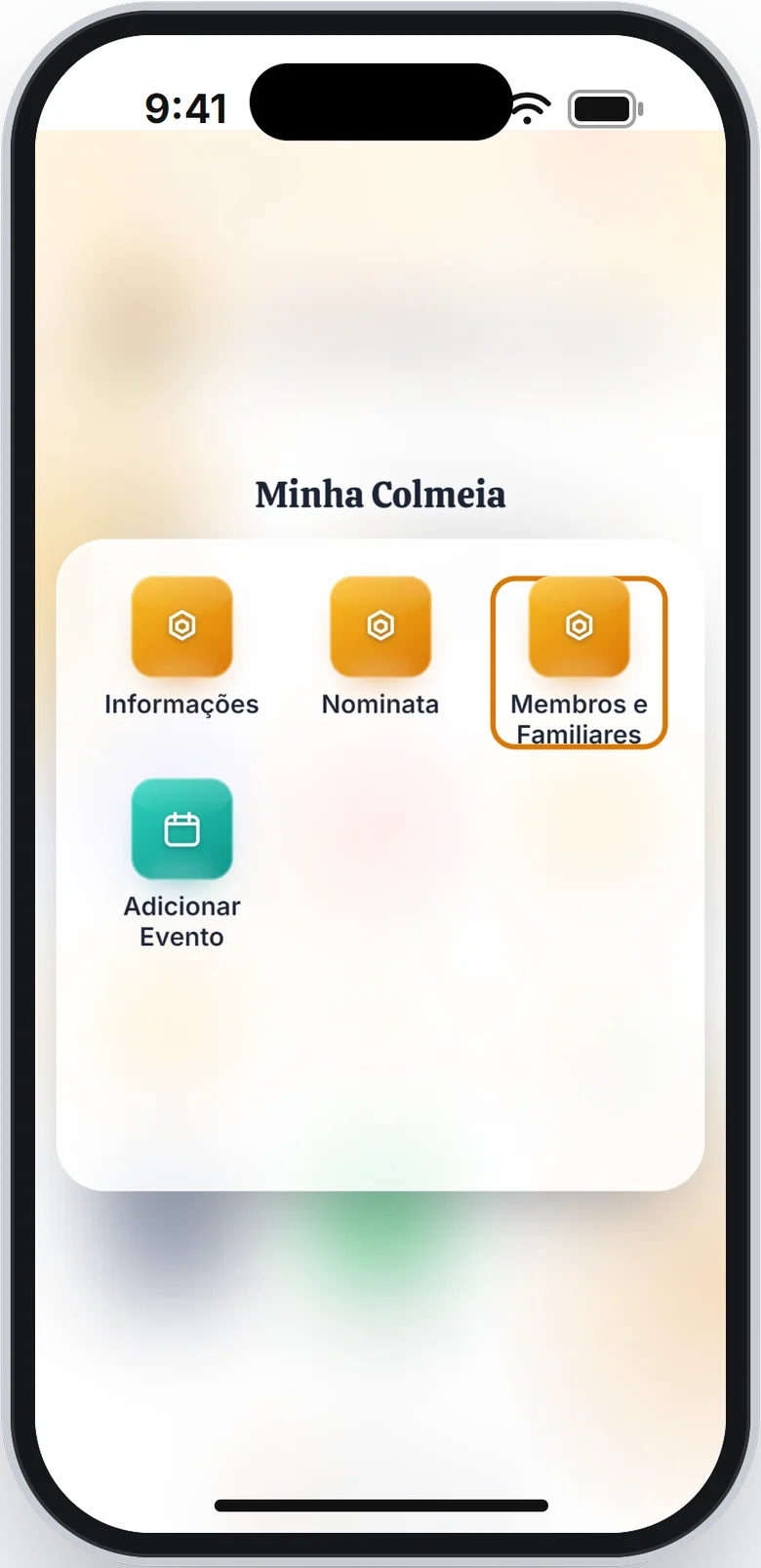Pasta Minha Colmeia aberta, com a opção Membros e Familiares em destaque