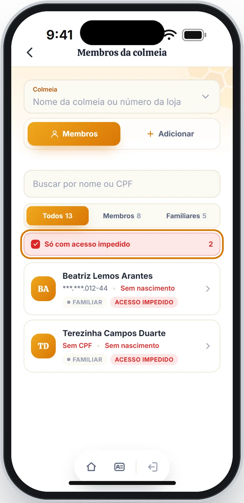 Lista filtrada com a opção Só com acesso impedido marcada