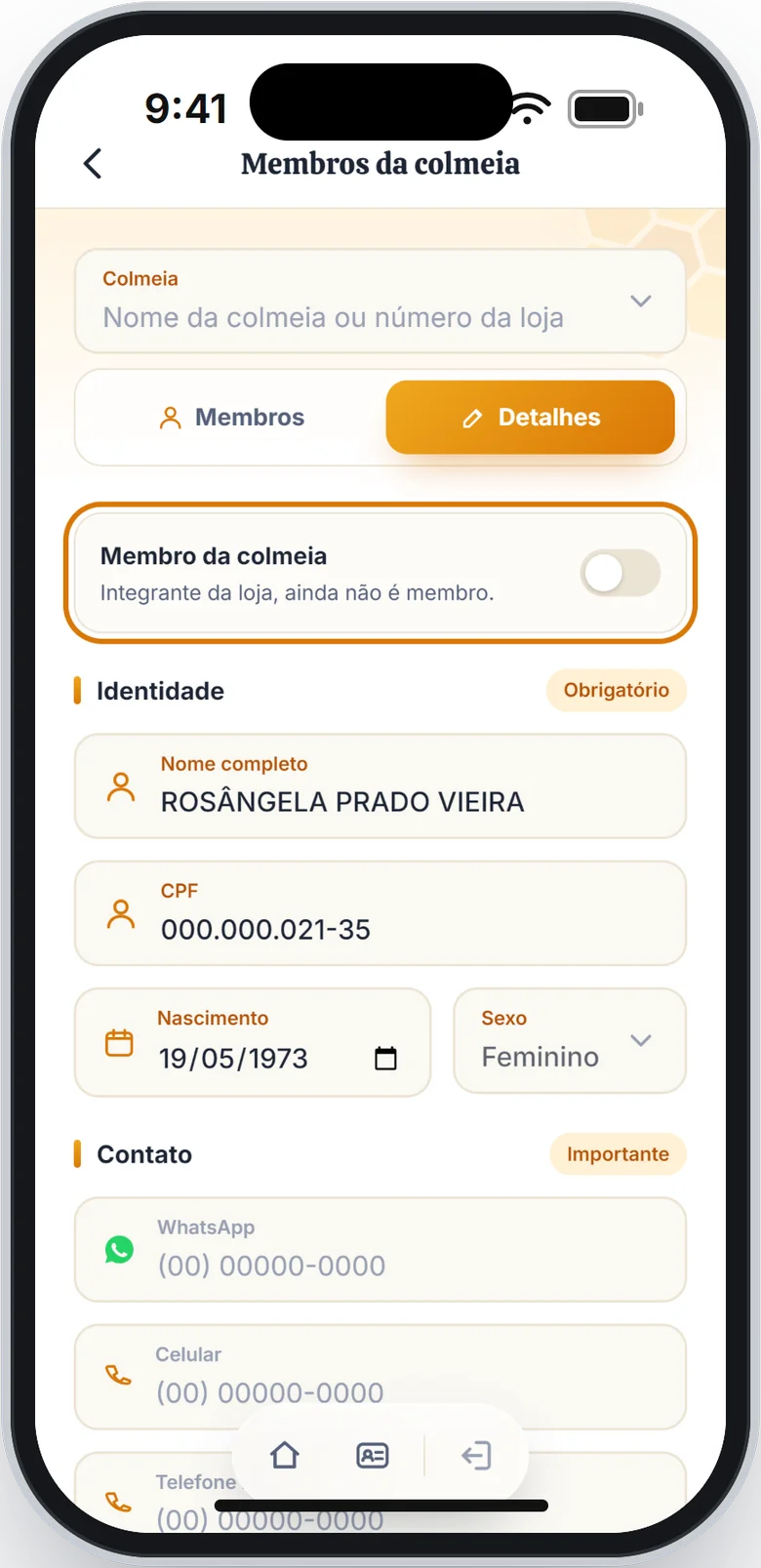 Detalhes da pessoa com a chave Membro da colmeia em destaque