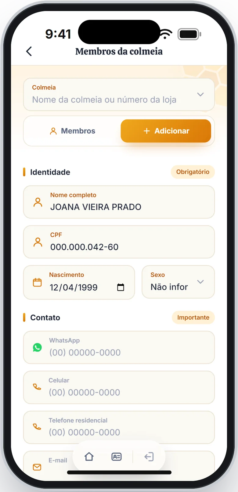 Aba Adicionar com nome, CPF e nascimento preenchidos