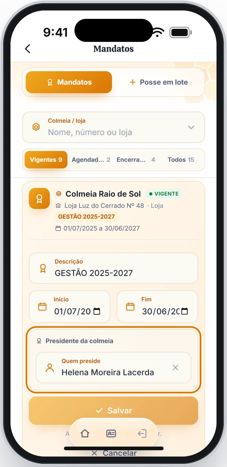 Mandato aberto para edição, com o bloco Presidente da colmeia em destaque