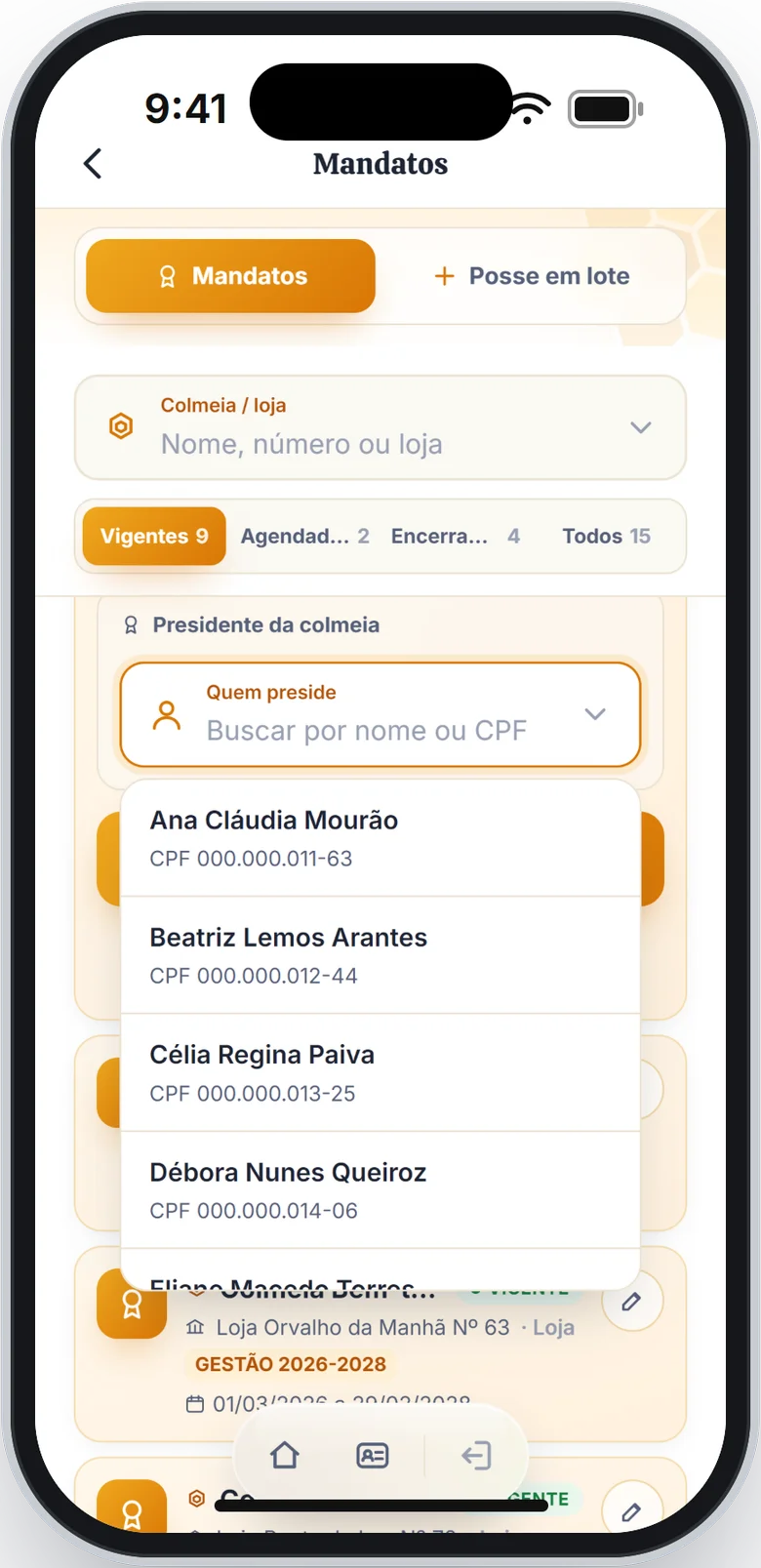 Lista de pessoas da loja para escolher quem preside
