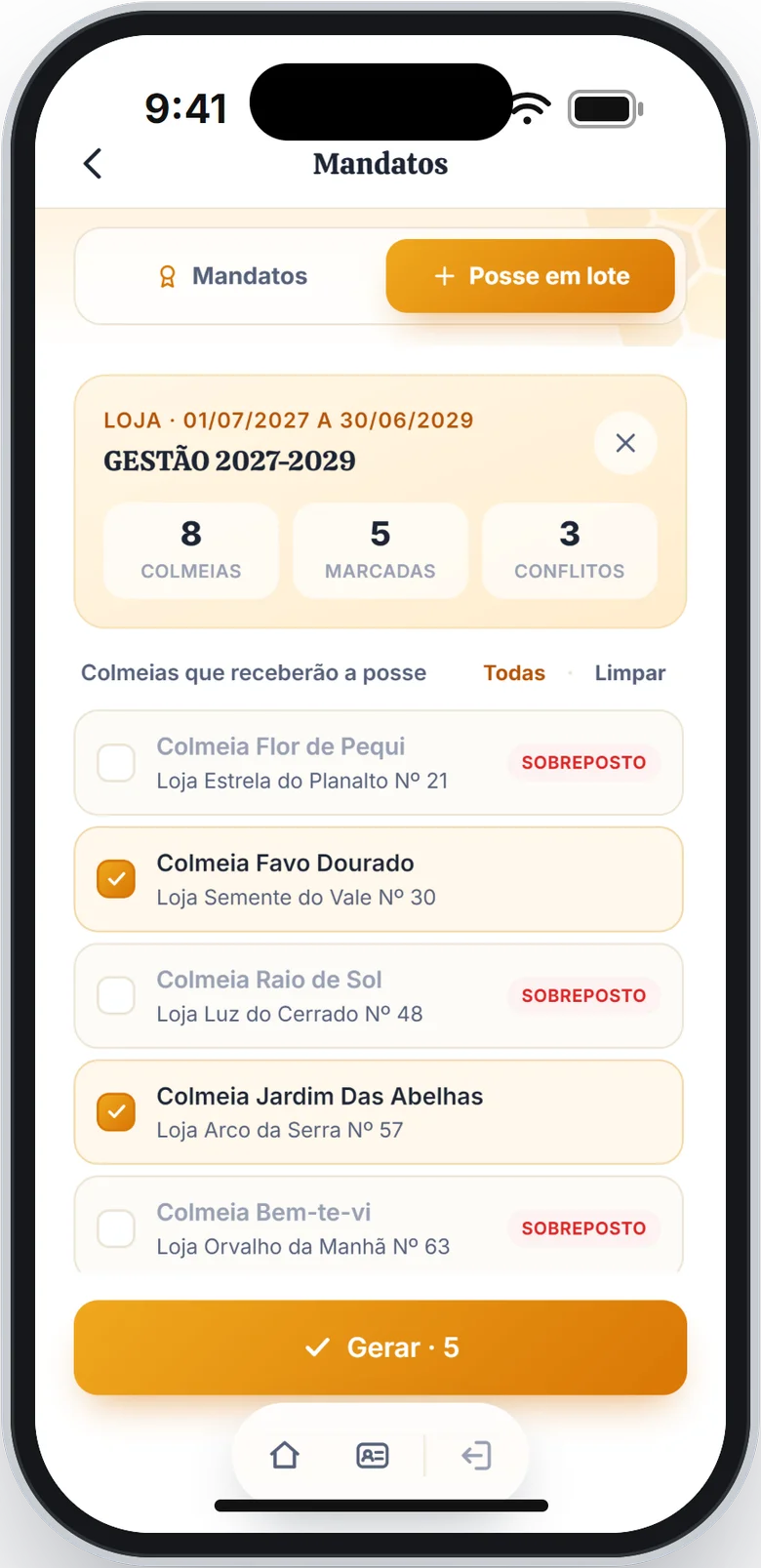 Prévia da posse com Colmeias marcadas e outras com o selo Sobreposto