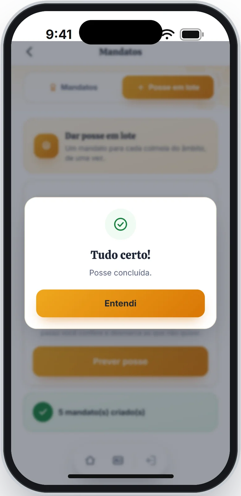 Aviso Tudo certo com a mensagem Posse concluída