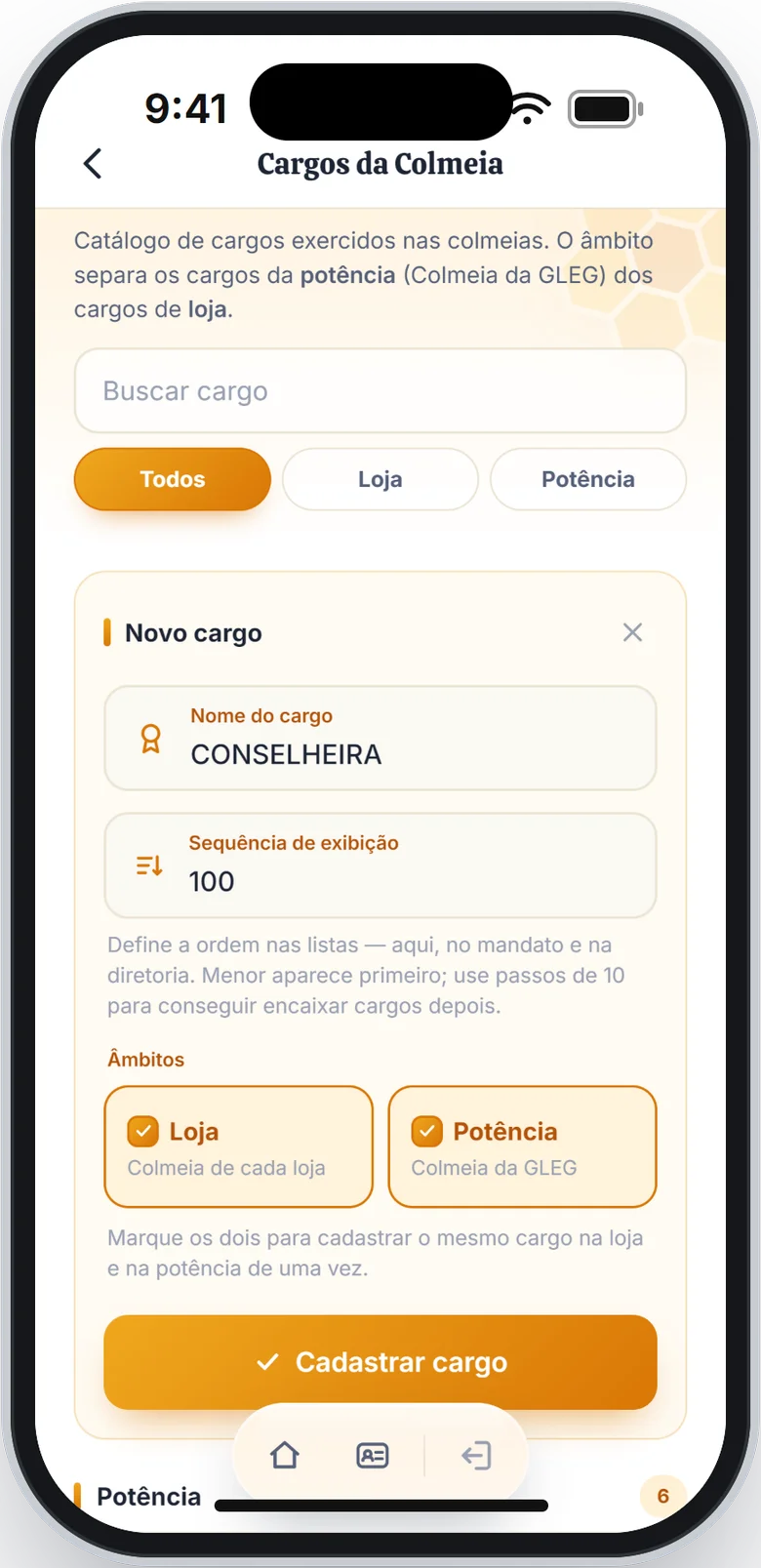 Formulário Novo cargo com os âmbitos Loja e Potência marcados