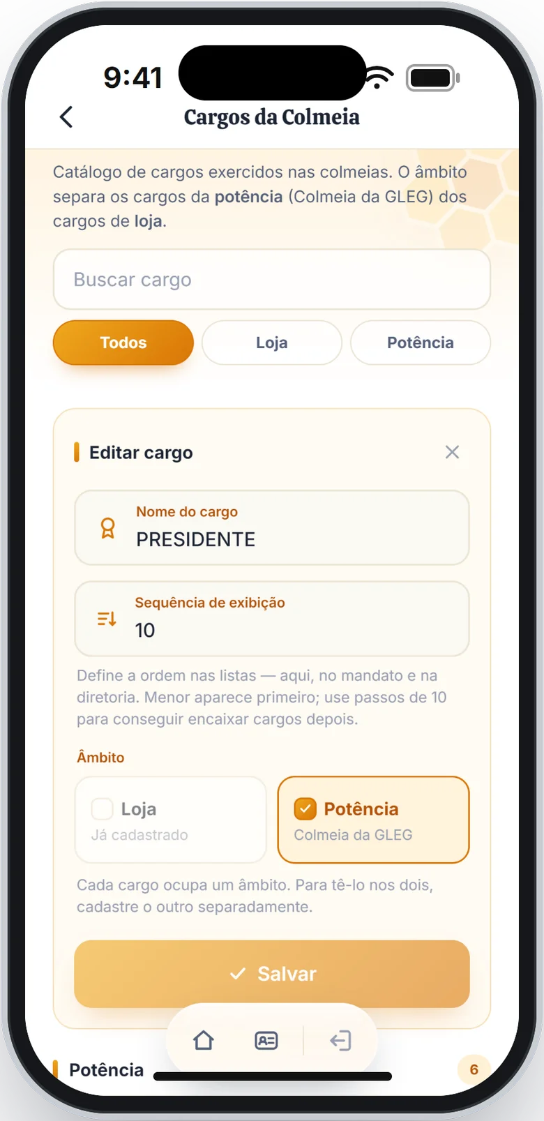 Formulário Editar cargo com o âmbito Potência marcado e Loja já cadastrado