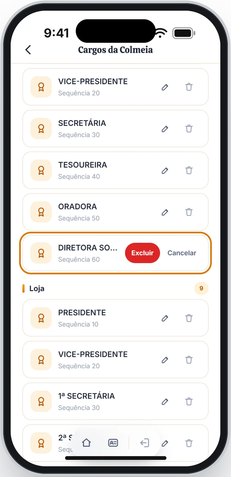Linha do cargo com os botões Excluir e Cancelar em destaque
