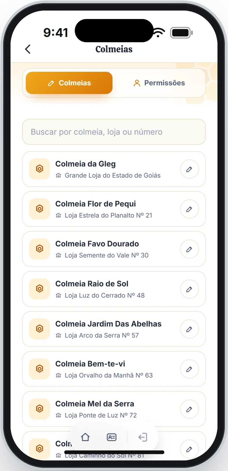 Lista de colmeias com a loja de cada uma