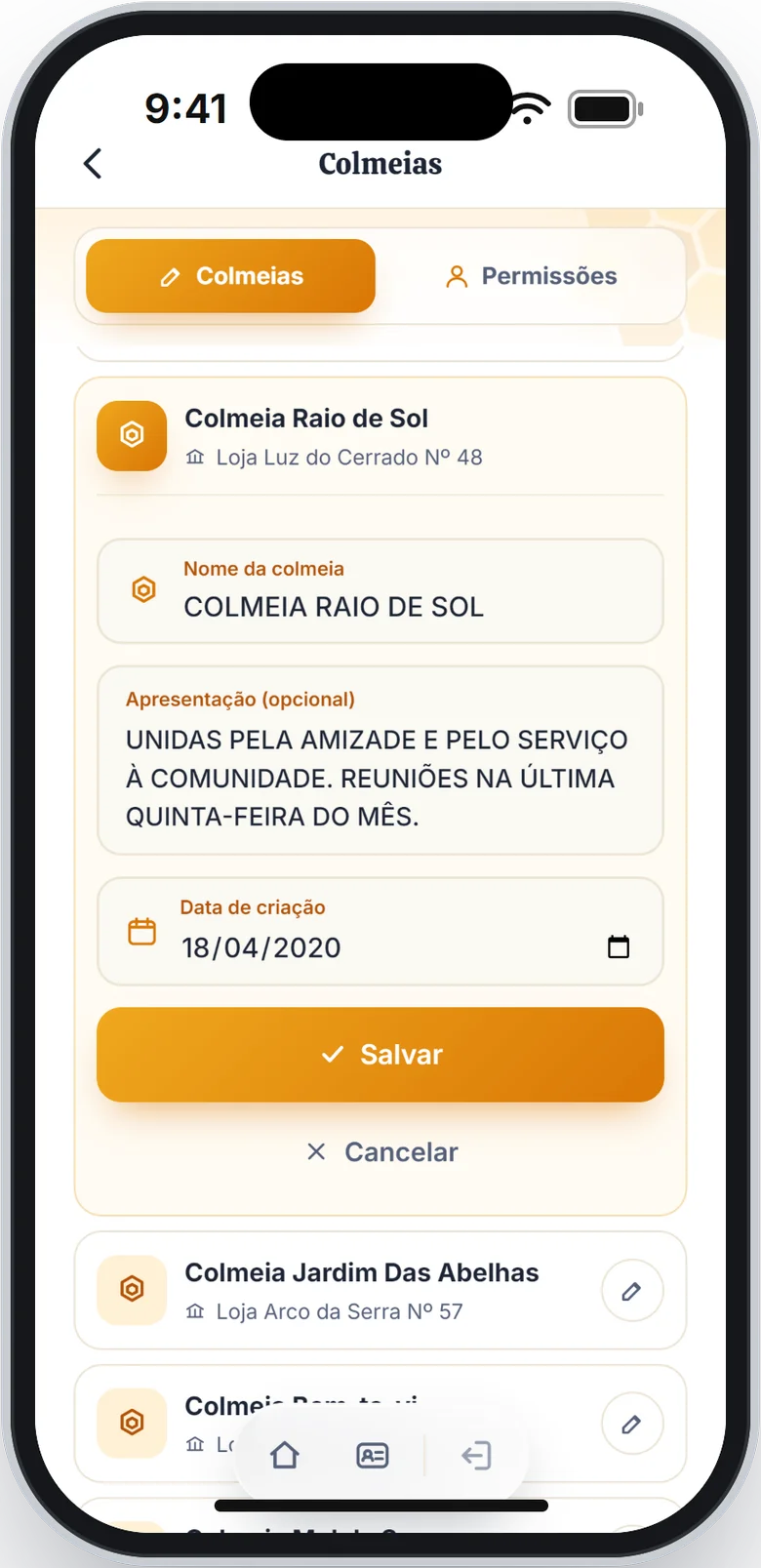 Colmeia aberta para edição, com nome, apresentação e data de criação