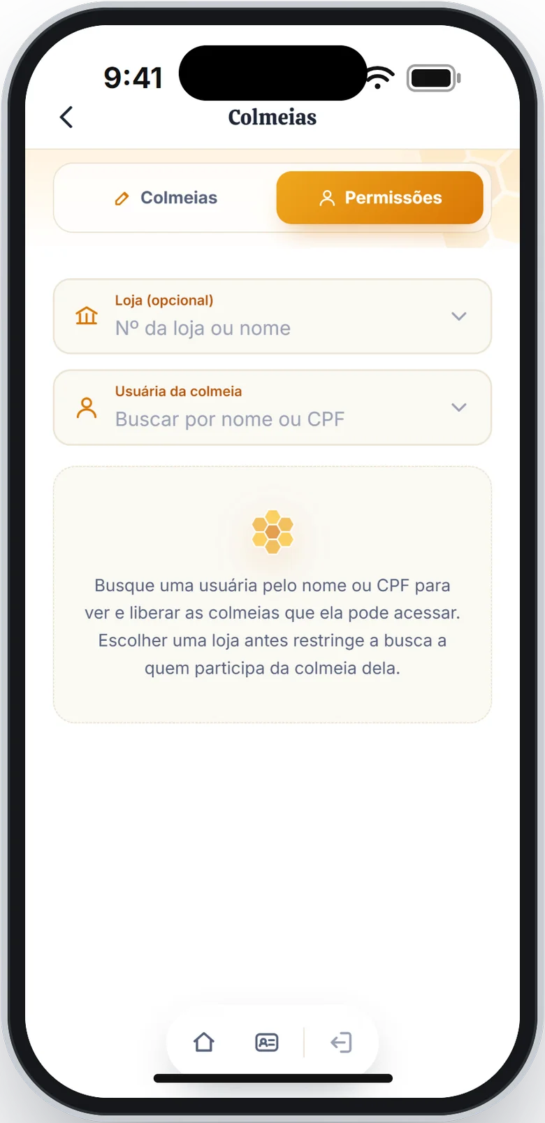 Aba Permissões com os campos Loja e Usuária da colmeia