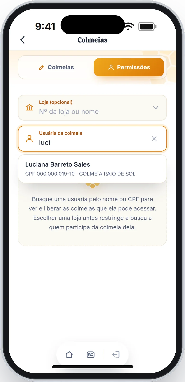 Busca de usuária com o nome digitado e o resultado embaixo