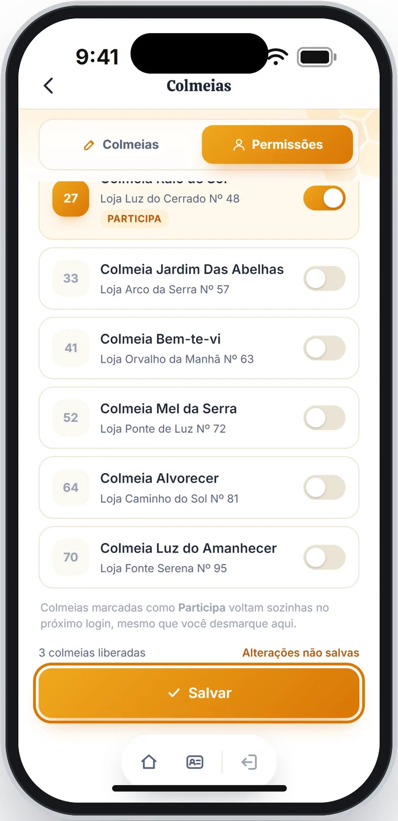 Fim da lista com a frase Alterações não salvas e o botão Salvar em destaque
