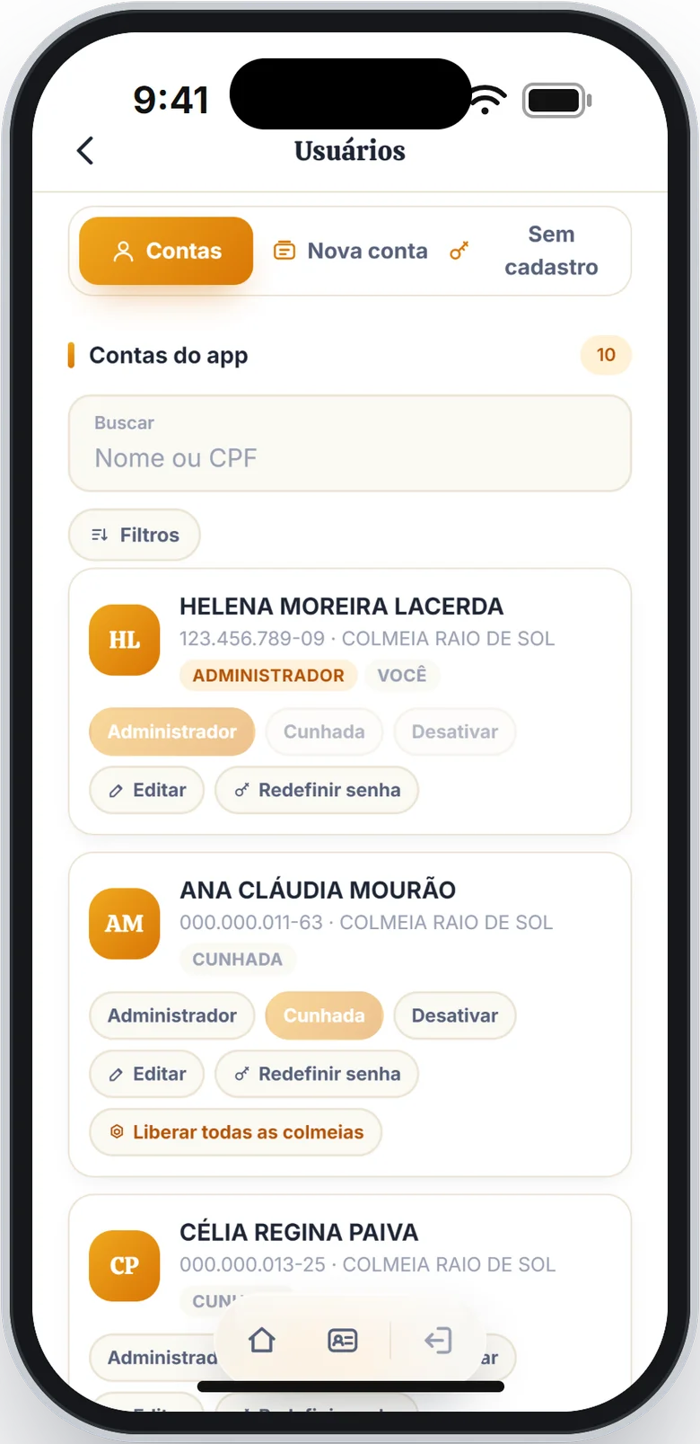 Aba Contas com a busca e as primeiras contas da lista