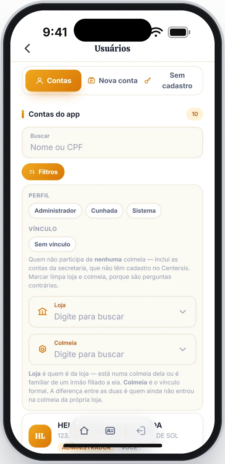 Painel de filtros aberto com Perfil, Vínculo, Loja e Colmeia