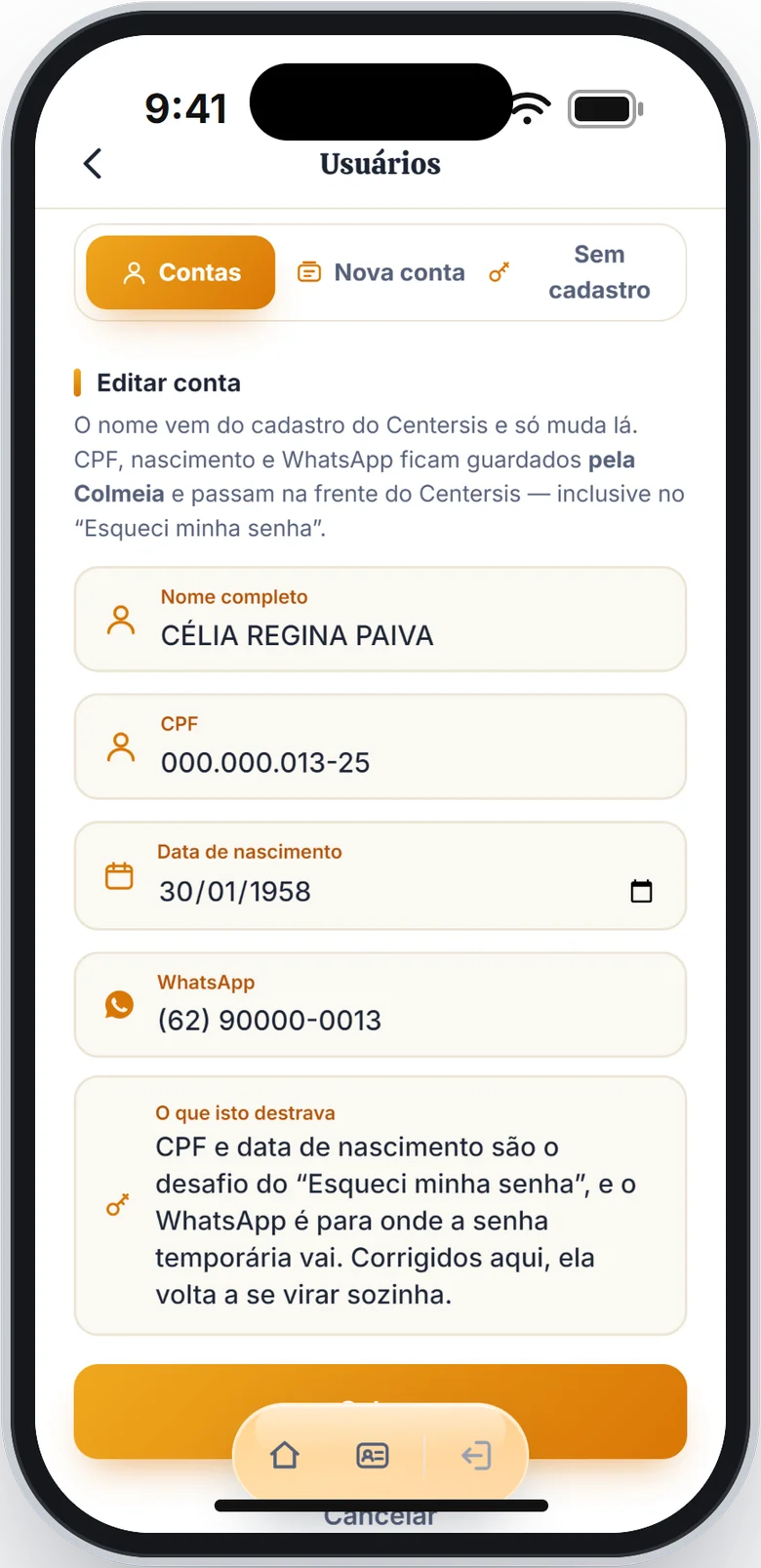 Formulário Editar conta com nome, CPF, data de nascimento e WhatsApp