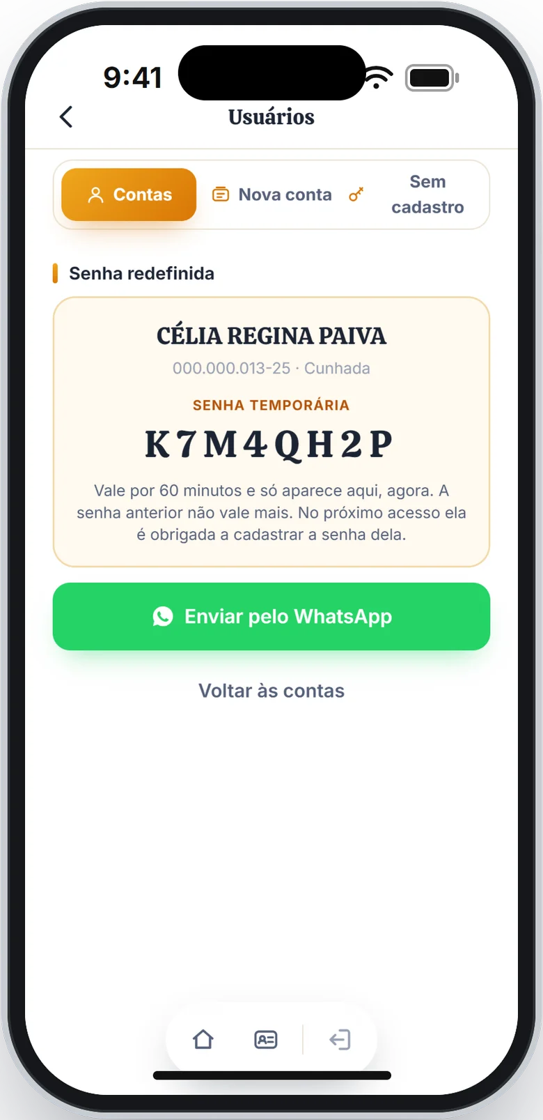 Cartão Senha redefinida com a senha temporária e o botão Enviar pelo WhatsApp