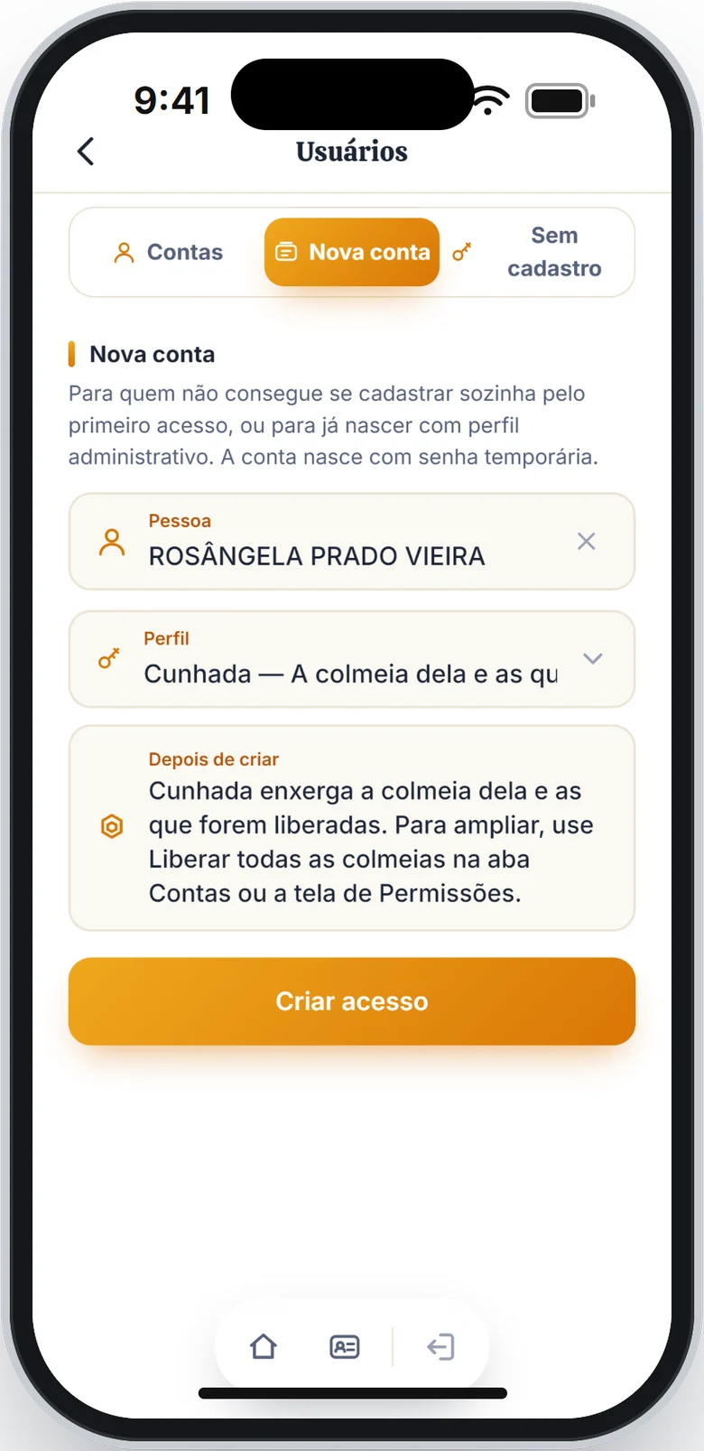 Aba Nova conta com a pessoa escolhida e o perfil Cunhada