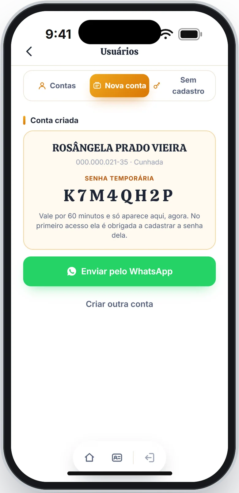 Cartão Conta criada com a senha temporária e o botão Enviar pelo WhatsApp