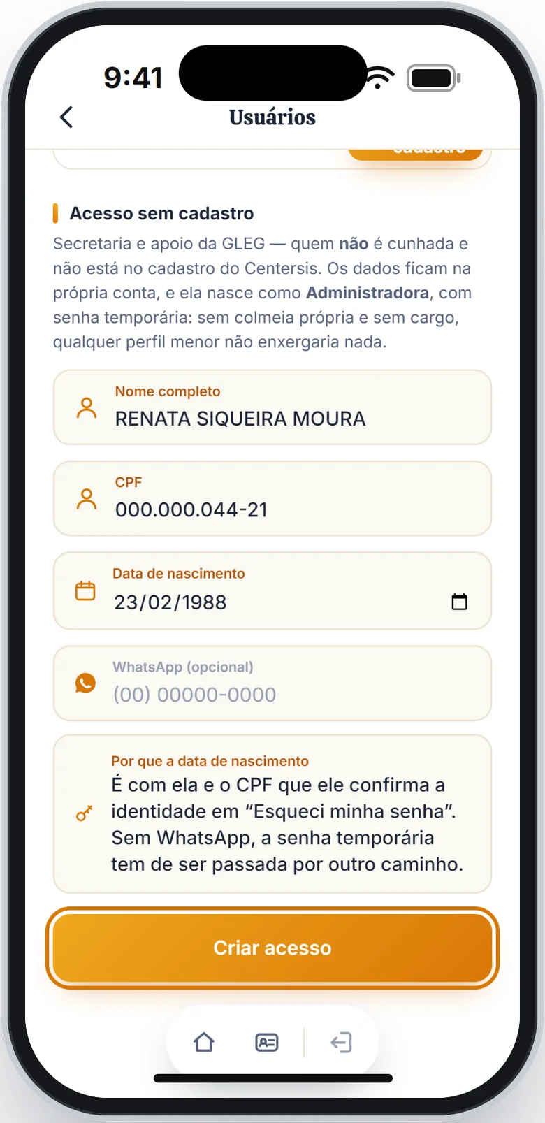 Aba Sem cadastro preenchida com o botão Criar acesso em destaque