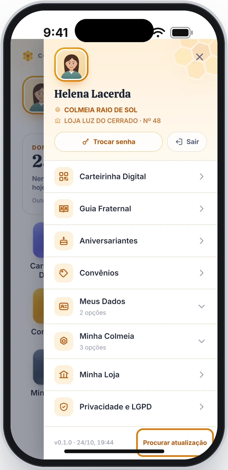 Menu do aplicativo com o botão Procurar atualização em destaque